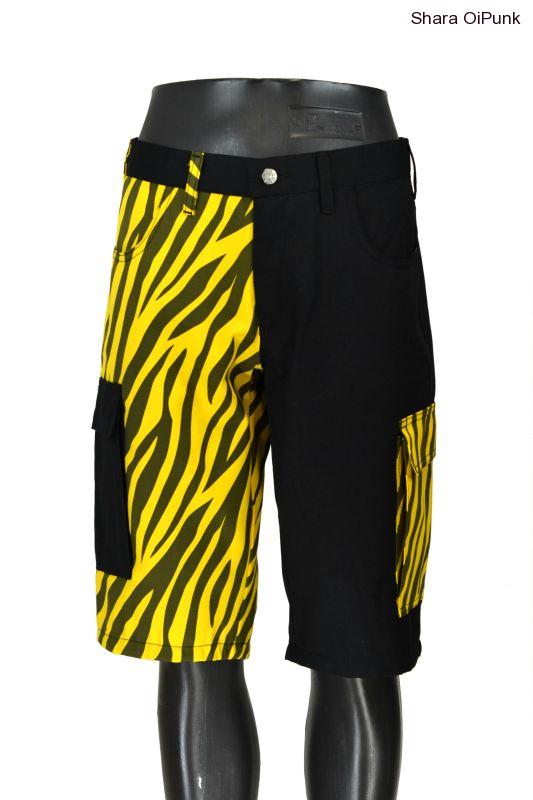 Punk kraťasy s bočníma kapsama černá/žlutá zebra ZMĚNA dva zipy na stehně SKLAD S