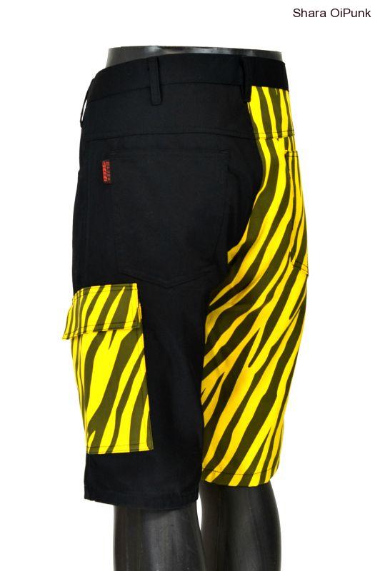 Punk kraťasy s bočníma kapsama černá/žlutá zebra ZMĚNA dva zipy na stehně SKLAD S