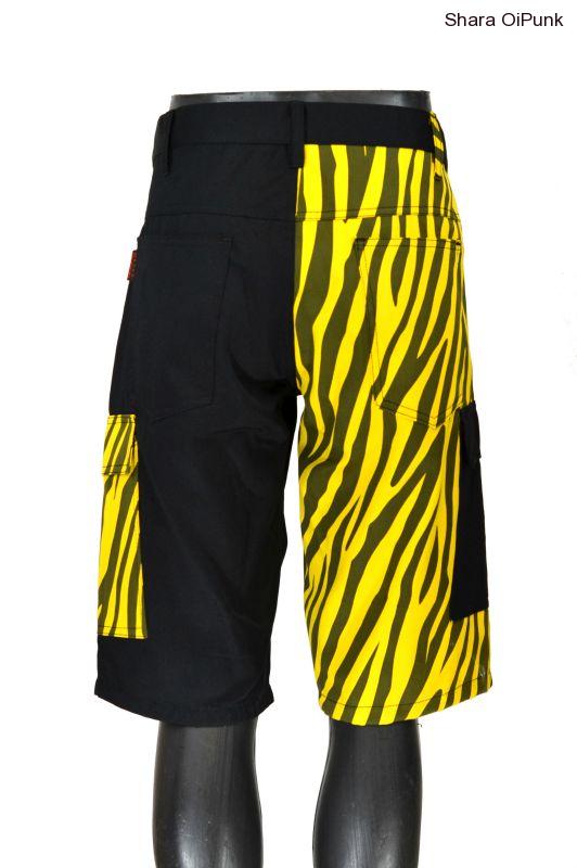 Punk kraťasy s bočníma kapsama černá/žlutá zebra ZMĚNA dva zipy na stehně SKLAD S