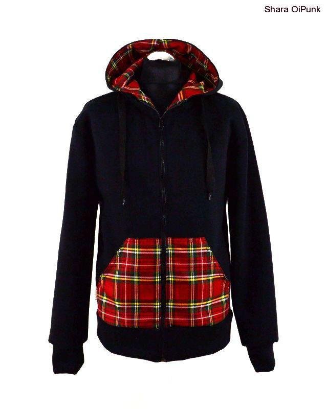 Punk mikina na zip, černá + červené káro - SKLADEM 3ks -XXL