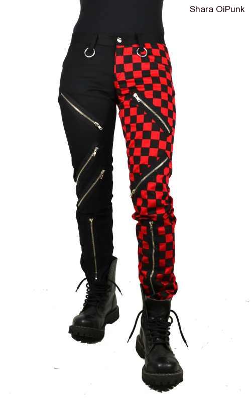 Punk dámské kalhoty - černá/červená ska kostka, 7x zip a kroužky