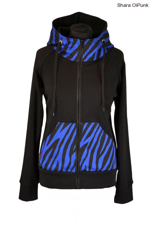 Punk mikina na zip - černá/modrá zebra-SKLADEM -M