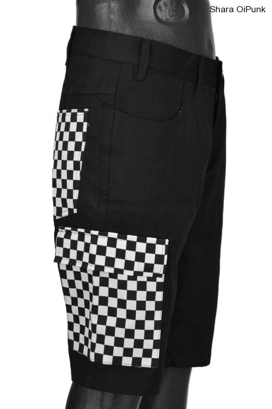 Punk kraťasy s boční kapsou - černá/bílá SKA 3 kapsy SKLADEM vel.XL