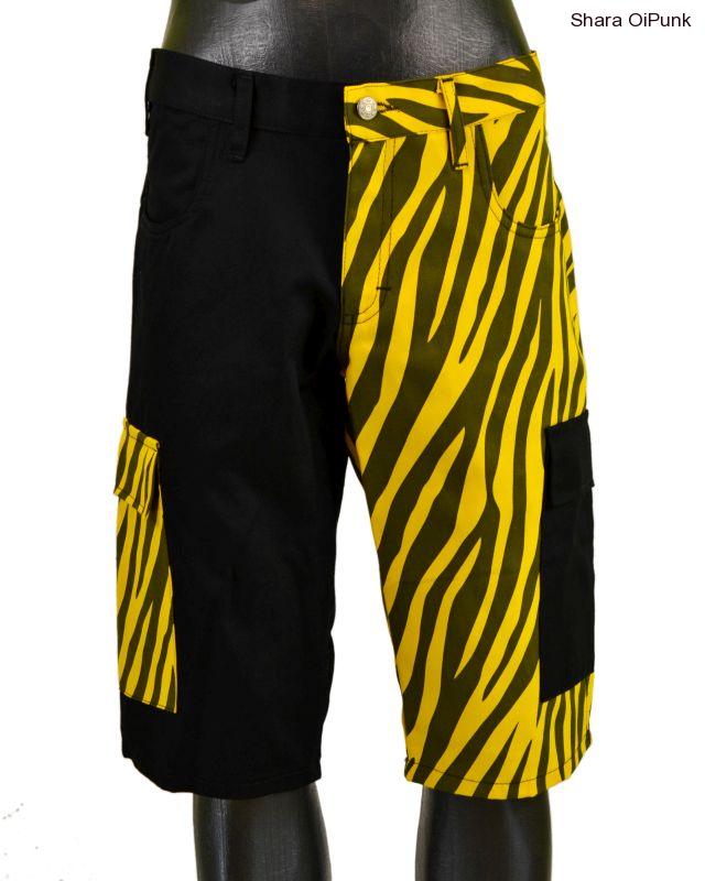 Punk kraťasy s prohozenýma bočníma kapsama - černá/žlutá zebra-SKLADEM-4ks -M