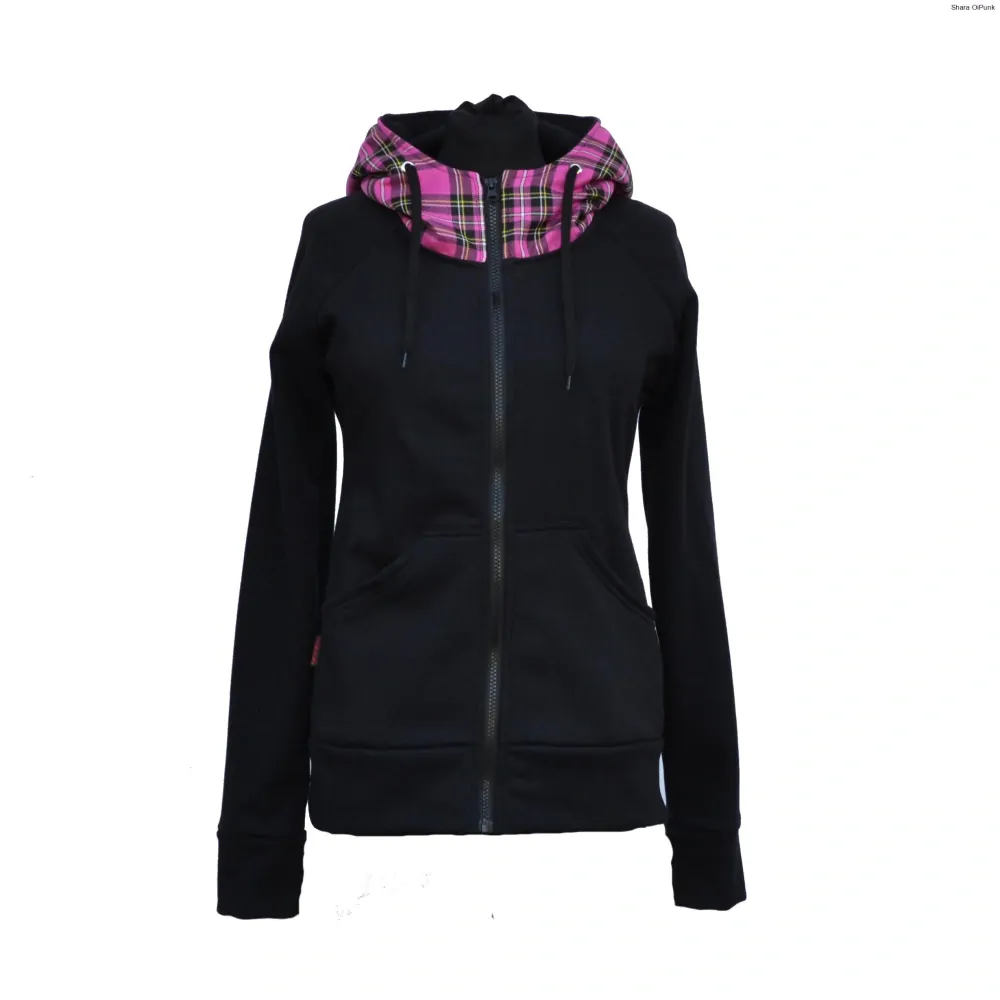 Punk mikina na zip - černá/růžové káro