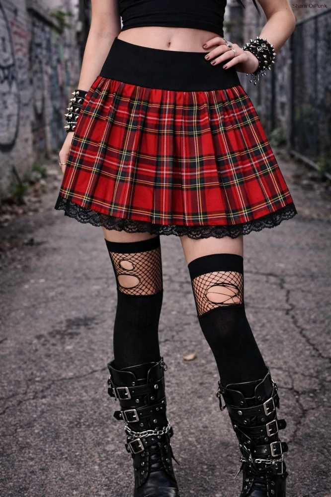 Punk sukně lehce skládaná-červené káro/krajka