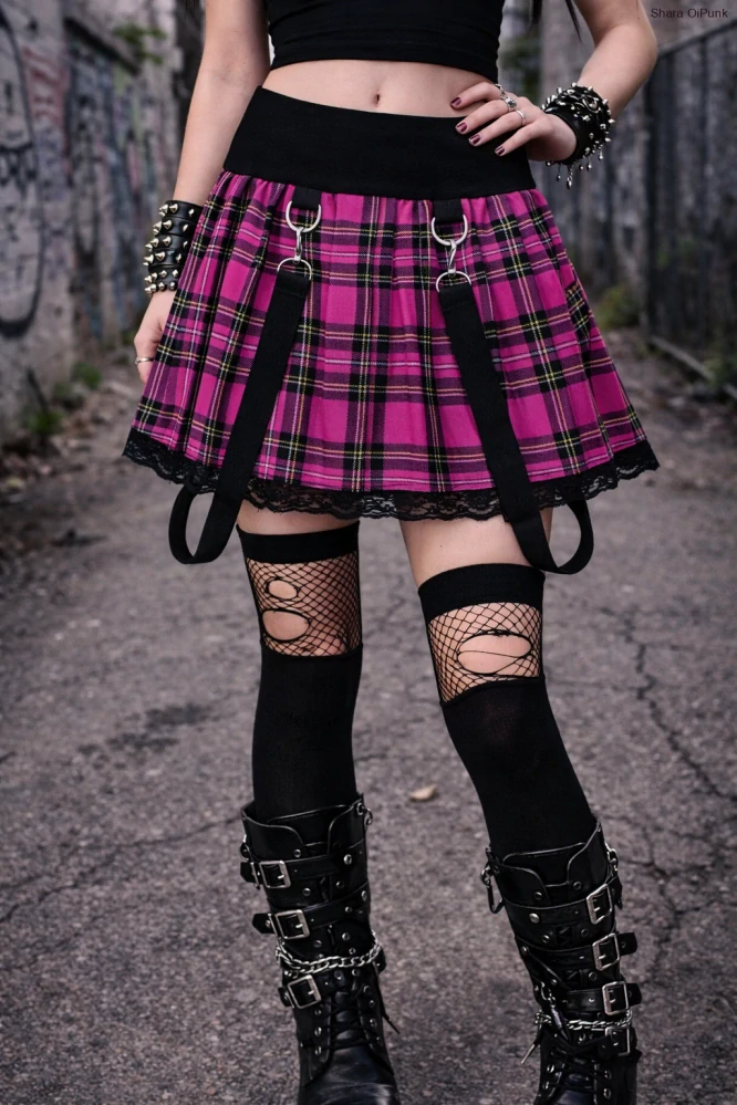 Punk sukně lehce skládaná- tyrkys káro/krajka/šle