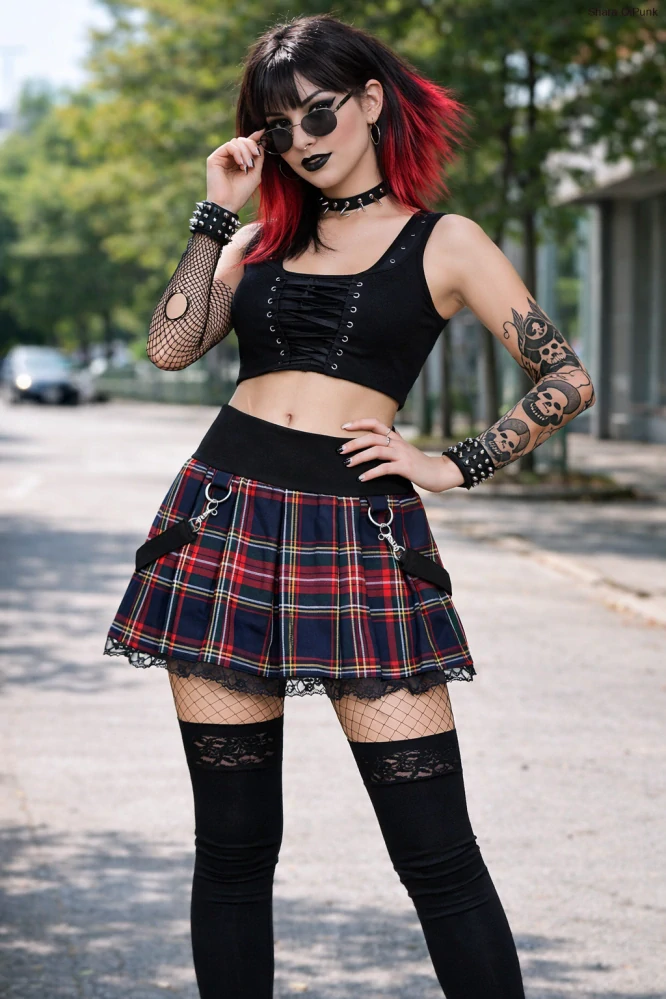 Punk lehce skládaná sukně s krajkou - černé káro