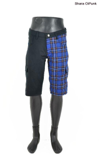 Punk kraťasy bez bočních kapes, černá + modré káro SKLADEM - XS