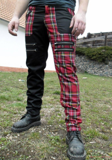 Punk pánské kalhoty - černá/červené káro/5x zip