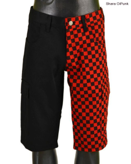 Punk kraťasy s bočníma kapsama- černá/červená SKA kostka-SKLADEM 2ks-XL