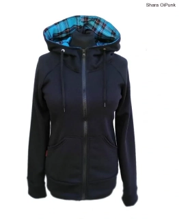 Punk mikina dámská na zip černá - v kapuci tyrkys tartan SKLADEM vel.S