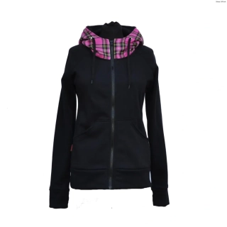 Punk mikina dámská na zip černá - kapuce růžový tartan SKLADEM vel.S
