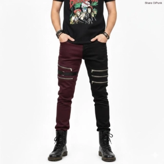 Punk pánské kalhoty - vínová/černá/5zipů a kov