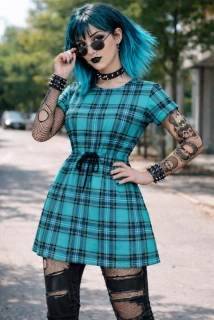 Punk šaty tyrkys káro